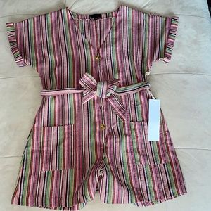 Rainbow striped romper with buttons and pockets tye waist size large fit med